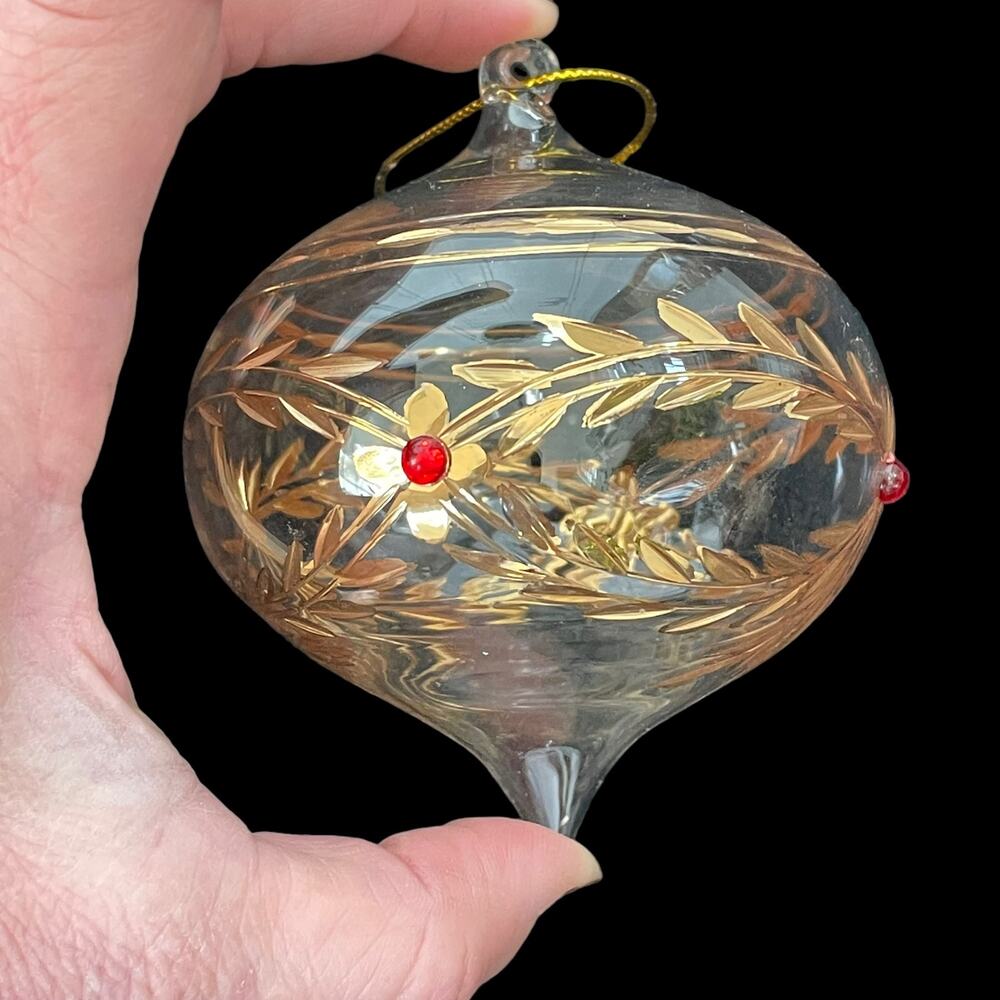 Blown Glass Clear Ornament with Gold Accents & Red Embellishment Christmas